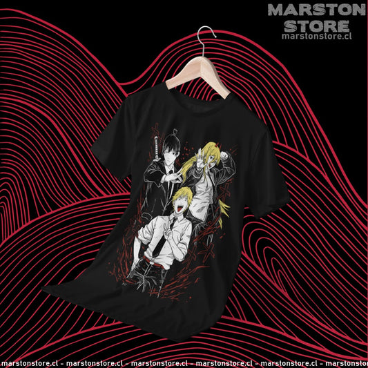 Polera negra Chainsaw Man con Power, Aki Hayakawa y Denji