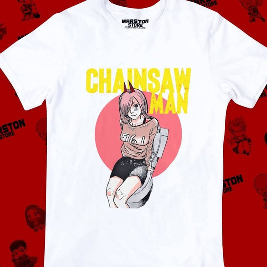 Polera blanca Chainsaw Man con diseño de Power