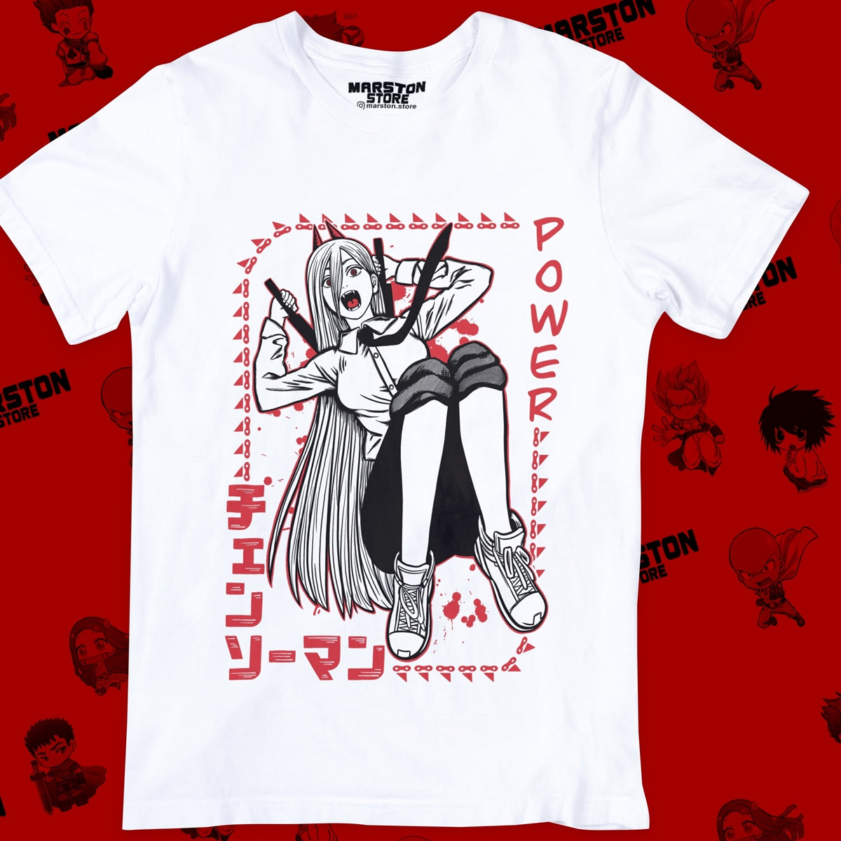Polera blanca Chainsaw Man con diseño de Power