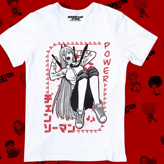 Polera blanca Chainsaw Man con diseño de Power