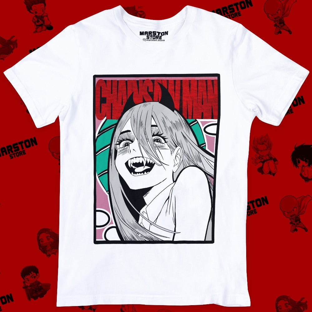 Polera blanca Chainsaw Man con diseño de Power