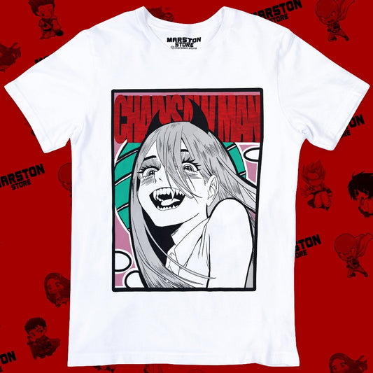 Polera blanca Chainsaw Man con diseño de Power
