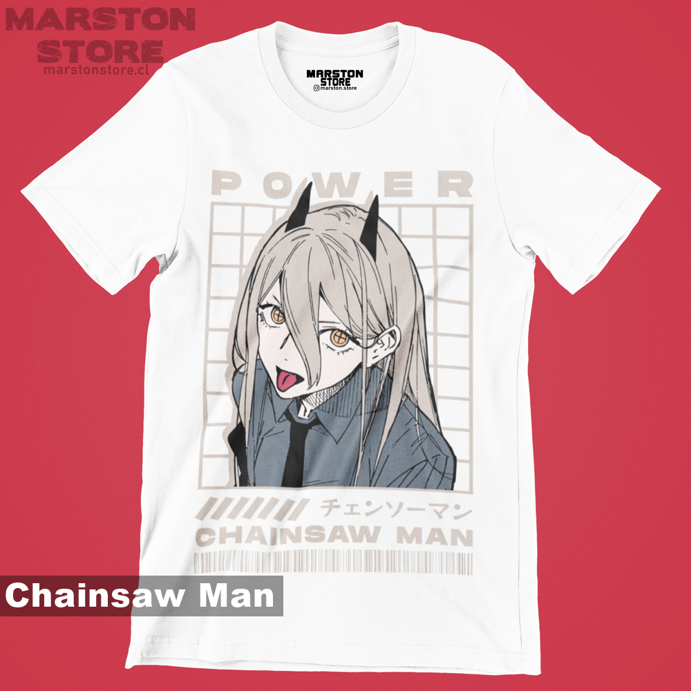 Polera blanca Chainsaw Man con diseño de Power