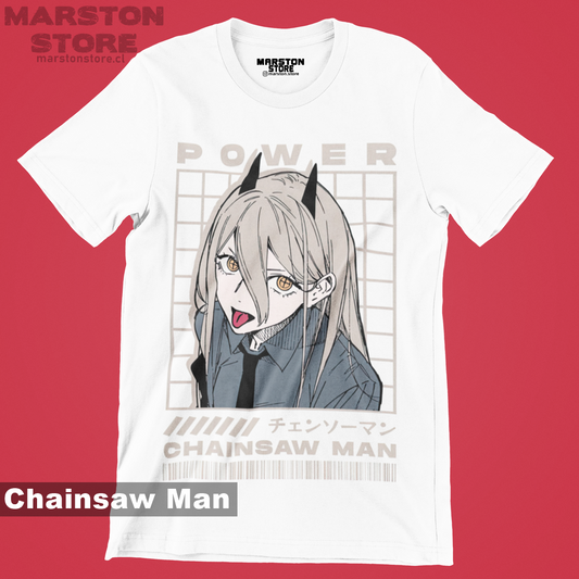 Polera blanca Chainsaw Man con diseño de Power