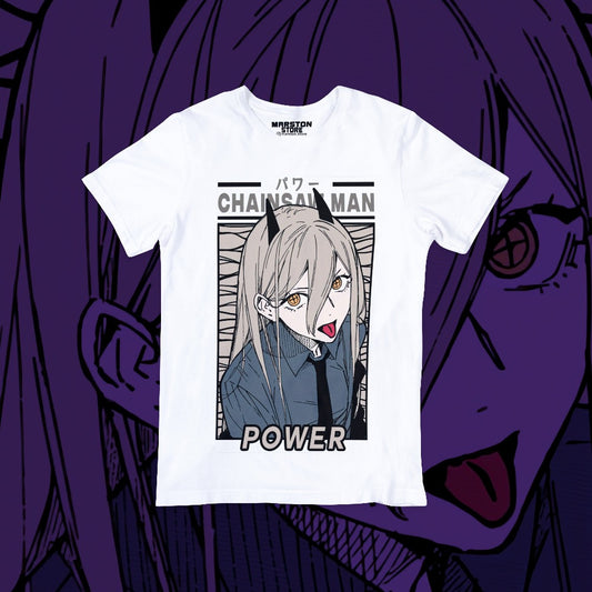 Polera blanca Chainsaw Man con diseño de Power