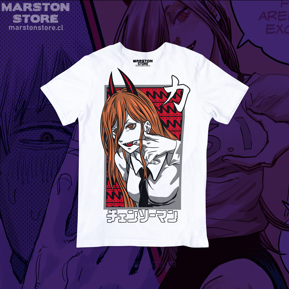 Polera blanca Chainsaw Man con diseño de Power