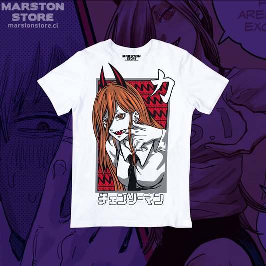 Polera blanca Chainsaw Man con diseño de Power