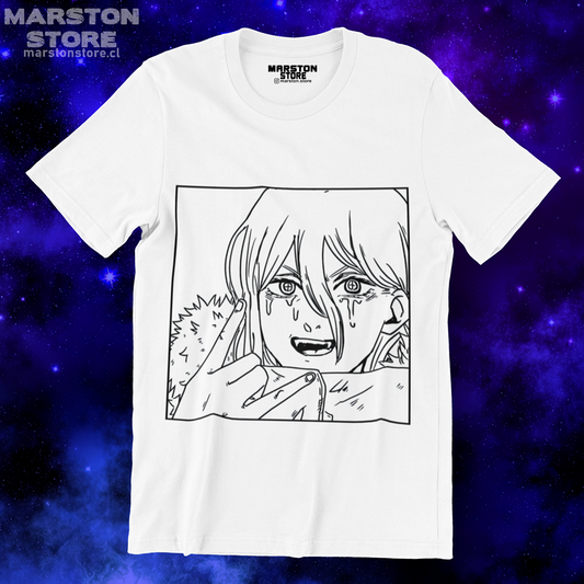 Polera blanca Chainsaw Man con diseño de Power