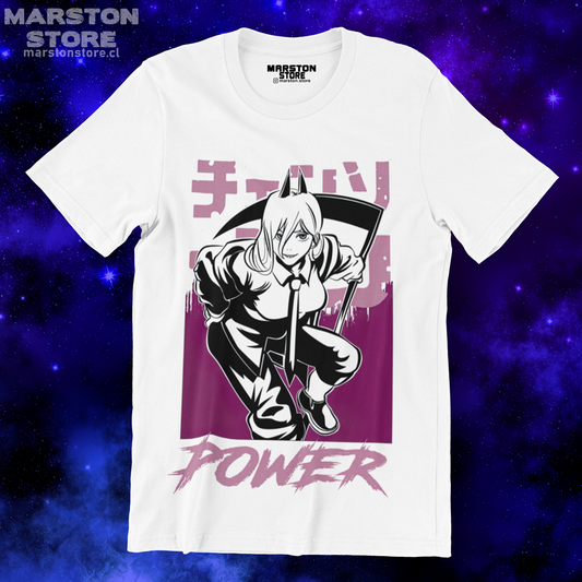 Polera blanca Chainsaw Man con diseño de Power