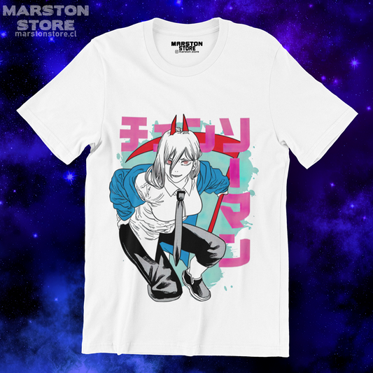 Polera blanca Chainsaw Man con diseño de Power