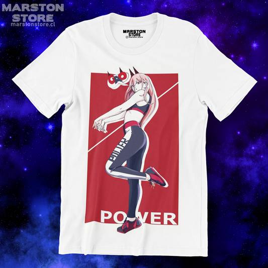 Polera blanca Chainsaw Man con diseño de Power