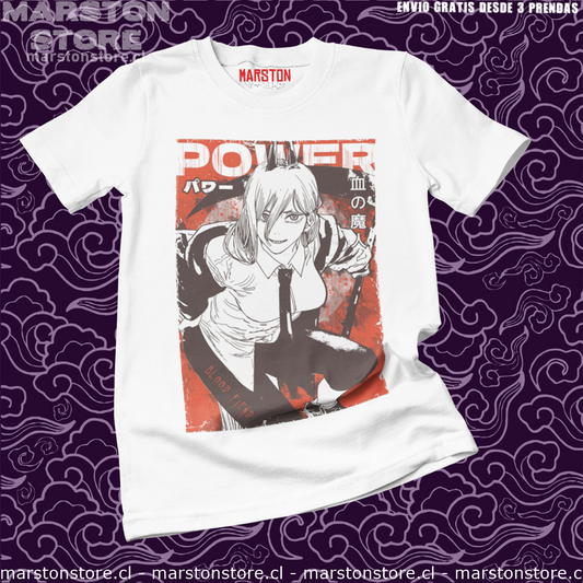 Polera blanca Chainsaw Man con diseño de Power