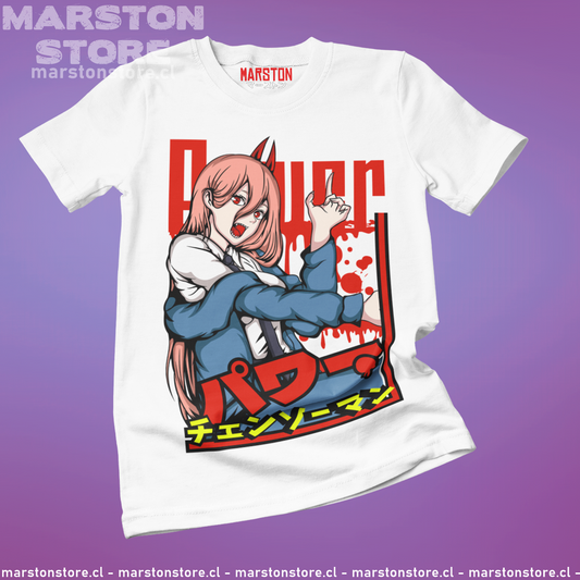 Polera blanca Chainsaw Man con diseño de Power