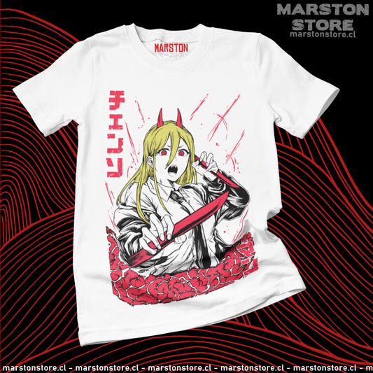 Polera blanca Chainsaw Man con diseño de Power
