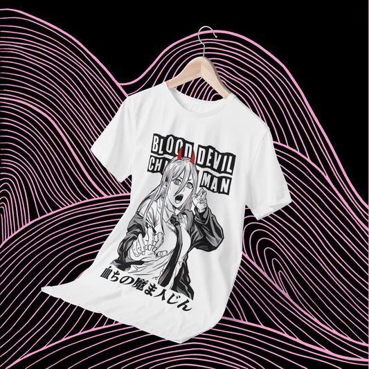 Polera blanca Chainsaw Man con diseño de Power