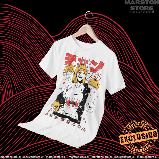 Polera blanca Chainsaw Man con diseño de Power
