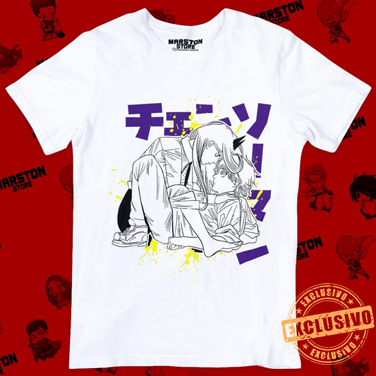Polera blanca Chainsaw Man con Power y Denji