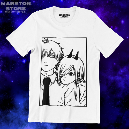 Polera blanca Chainsaw Man con Power y Denji