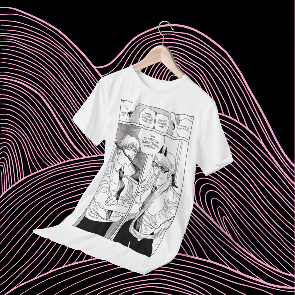 Polera blanca Chainsaw Man con Power y Denji