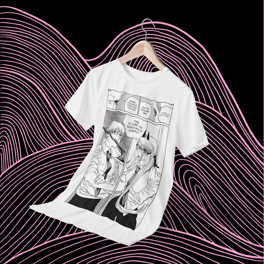 Polera blanca Chainsaw Man con Power y Denji
