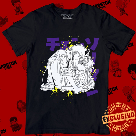 Polera negra Chainsaw Man con Power y Denji
