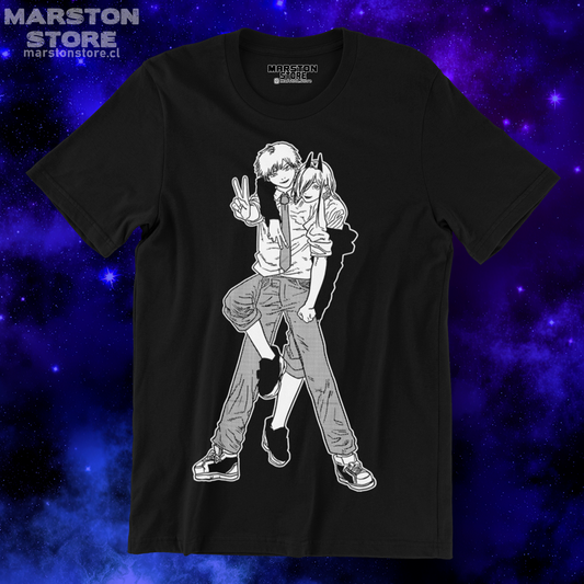 Polera negra Chainsaw Man con Power y Denji