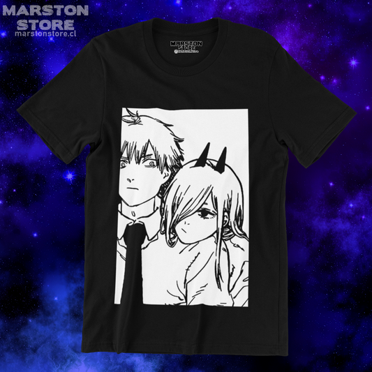Polera negra Chainsaw Man con Power y Denji