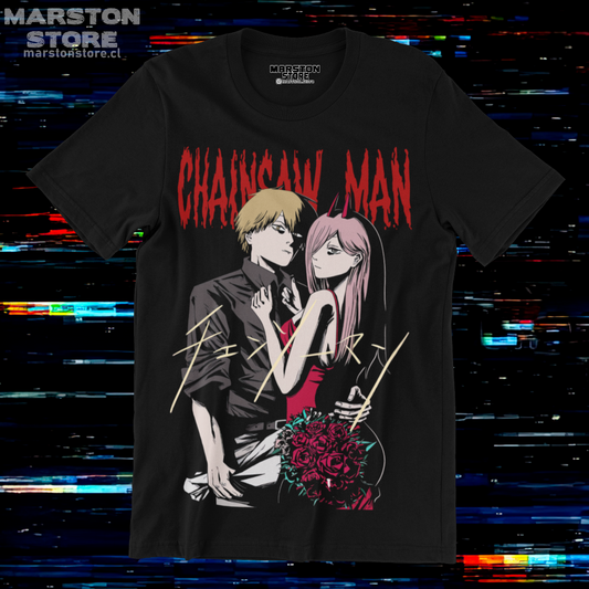 Polera negra Chainsaw Man con Power y Denji