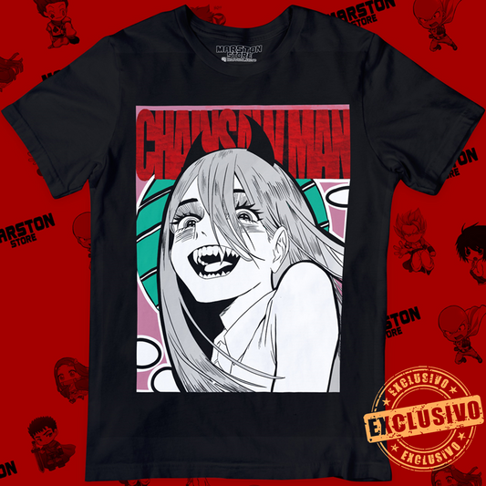 Polera negra Chainsaw Man con diseño de Power