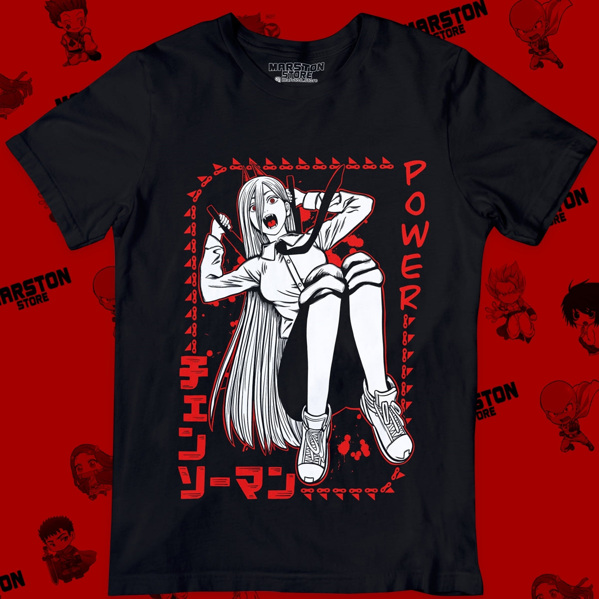 Polera negra Chainsaw Man con diseño de Power