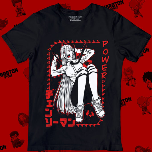 Polera negra Chainsaw Man con diseño de Power