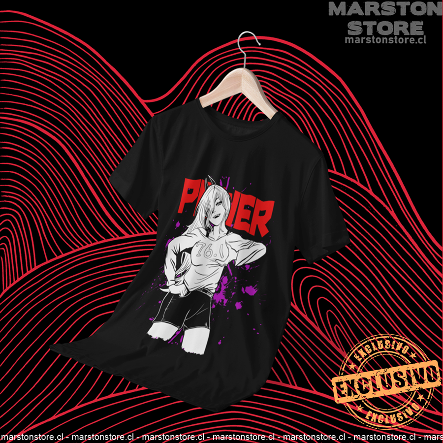 Polera negra Chainsaw Man con diseño de Power