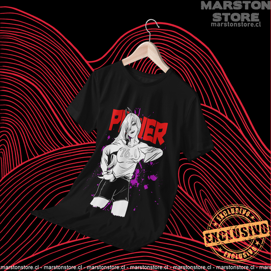 Polera negra Chainsaw Man con diseño de Power