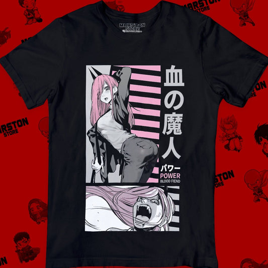Polera negra Chainsaw Man con diseño de Power
