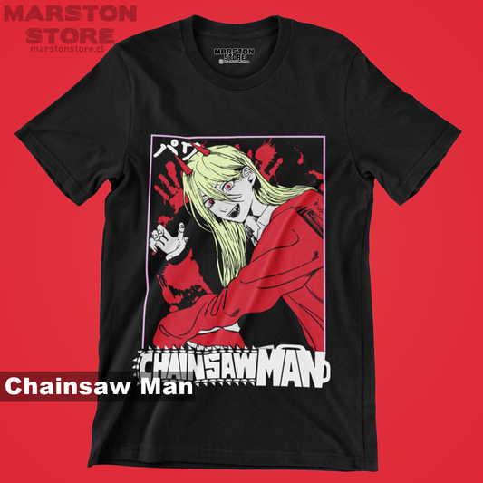Polera negra Chainsaw Man con diseño de Power