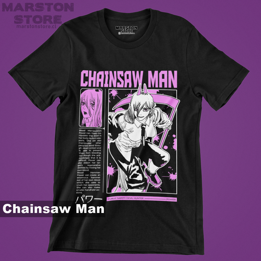 Polera negra Chainsaw Man con diseño de Power
