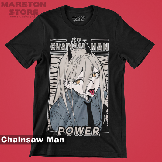 Polera negra Chainsaw Man con diseño de Power