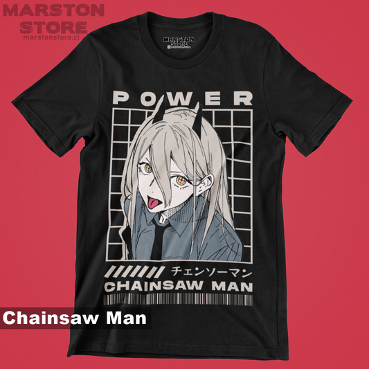 Polera negra Chainsaw Man con diseño de Power