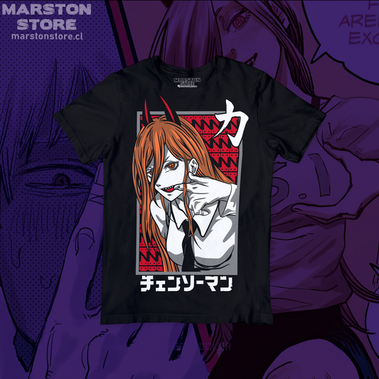 Polera negra Chainsaw Man con diseño de Power