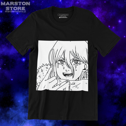 Polera negra Chainsaw Man con diseño de Power