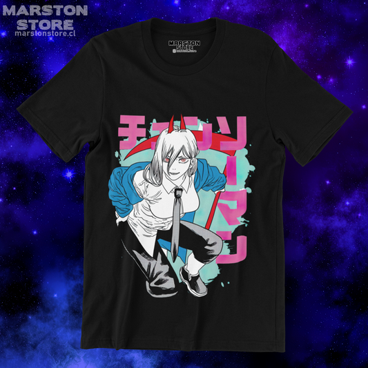 Polera negra Chainsaw Man con diseño de Power