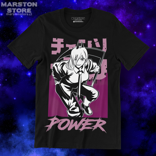 Polera negra Chainsaw Man con diseño de Power