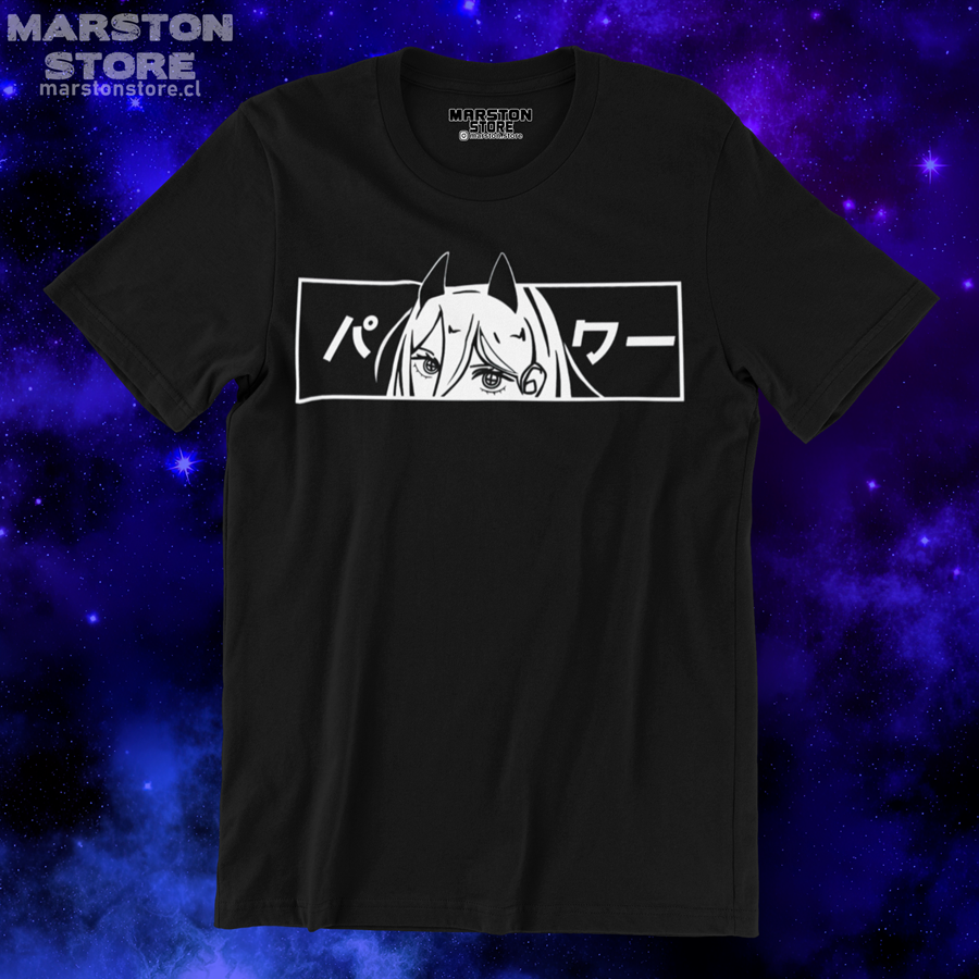 Polera negra Chainsaw Man con diseño de Power