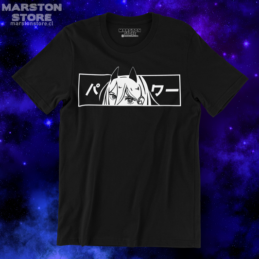 Polera negra Chainsaw Man con diseño de Power