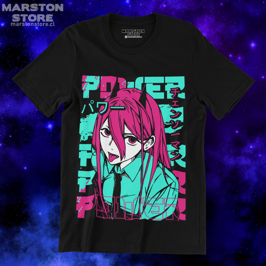 Polera negra Chainsaw Man con diseño de Power