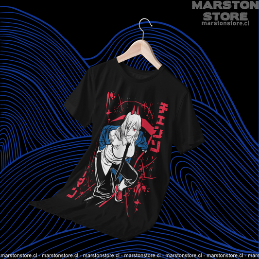 Polera negra Chainsaw Man con diseño de Power