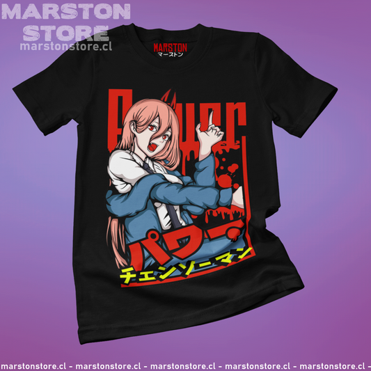Polera negra Chainsaw Man con diseño de Power