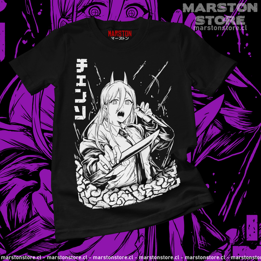 Polera negra Chainsaw Man con diseño de Power