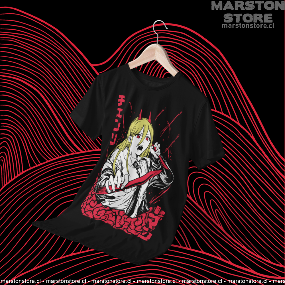 Polera negra Chainsaw Man con diseño de Power