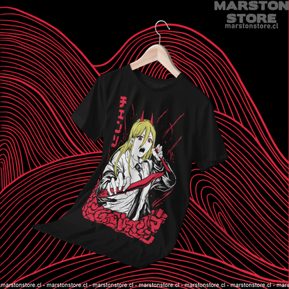 Polera negra Chainsaw Man con diseño de Power